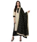 Women's Cream Foil Print Straight Polysilk Kurta Dupatta Palazzo Set