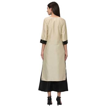 Women's Cream Foil Print Straight Polysilk Kurta Dupatta Palazzo Set 3