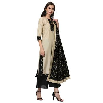 Women's Cream Foil Print Straight Polysilk Kurta Dupatta Palazzo Set 4