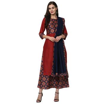 Women's Red Digital Print Straight Polysilk Kurta Dupatta Palazzo Set 1