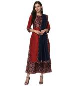 Women's Red Digital Print Straight Polysilk Kurta Dupatta Palazzo Set