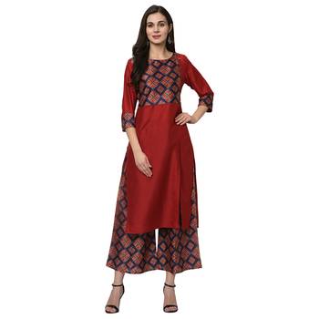 Women's Red Digital Print Straight Polysilk Kurta Dupatta Palazzo Set 2