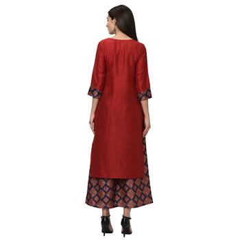 Women's Red Digital Print Straight Polysilk Kurta Dupatta Palazzo Set 3