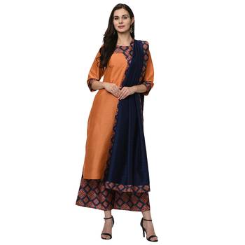 Women's Orange Digital Print Straight Polysilk Kurta Dupatta Palazzo Set 1