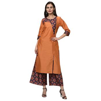 Women's Orange Digital Print Straight Polysilk Kurta Dupatta Palazzo Set 2