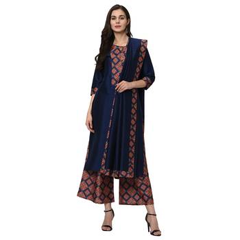 Women's Navy Blue Digital Print Straight Polysilk Kurta Dupatta Palazzo Set 1