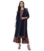 Women's Navy Blue Digital Print Straight Polysilk Kurta Dupatta Palazzo Set