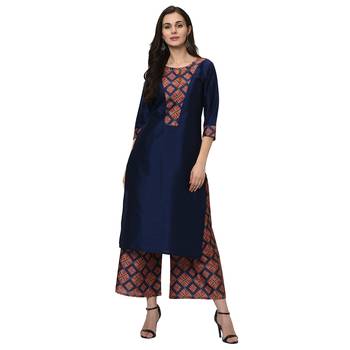 Women's Navy Blue Digital Print Straight Polysilk Kurta Dupatta Palazzo Set 2