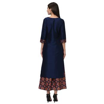 Women's Navy Blue Digital Print Straight Polysilk Kurta Dupatta Palazzo Set 3