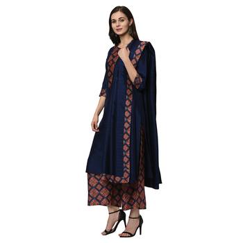 Women's Navy Blue Digital Print Straight Polysilk Kurta Dupatta Palazzo Set 4