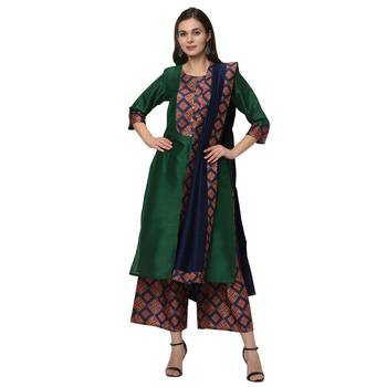 Women's Green Digital Print Straight Polysilk Kurta Dupatta Palazzo Set 1