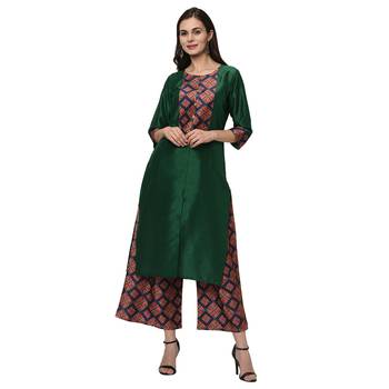 Women's Green Digital Print Straight Polysilk Kurta Dupatta Palazzo Set 2