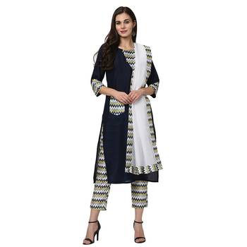 Women's Navy Blue Digital Print Straight Polysilk Kurta Dupatta Pant Set 1