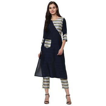 Women's Navy Blue Digital Print Straight Polysilk Kurta Dupatta Pant Set 2
