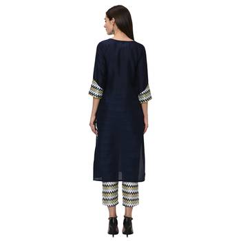 Women's Navy Blue Digital Print Straight Polysilk Kurta Dupatta Pant Set 3