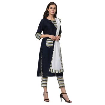 Women's Navy Blue Digital Print Straight Polysilk Kurta Dupatta Pant Set 4