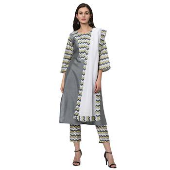 Women's Gray Digital Print Straight Polysilk Kurta Dupatta Pant Set 1
