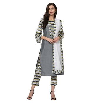 Women's Gray Digital Print Straight Polysilk Kurta Dupatta Pant Set 2