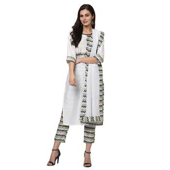 Women's White Digital Print Straight Polysilk Kurta Dupatta Pant Set 1