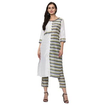 Women's White Digital Print Straight Polysilk Kurta Dupatta Pant Set 2
