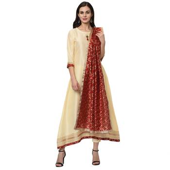 Women's Cream Solid A-Line Polysilk Kurta Dupatta Pant Set 1