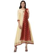 Women's Cream Solid A-Line Polysilk Kurta Dupatta Pant Set