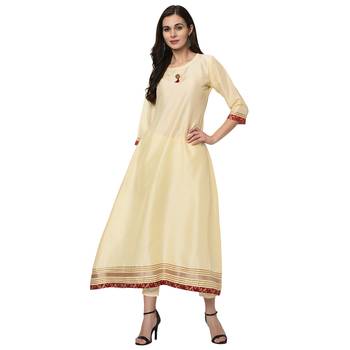 Women's Cream Solid A-Line Polysilk Kurta Dupatta Pant Set 2