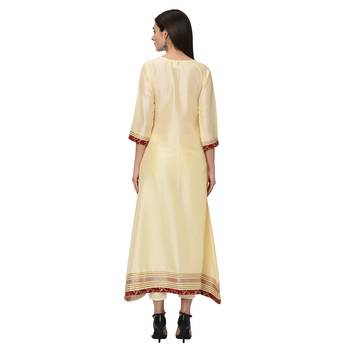 Women's Cream Solid A-Line Polysilk Kurta Dupatta Pant Set 3