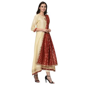 Women's Cream Solid A-Line Polysilk Kurta Dupatta Pant Set 4