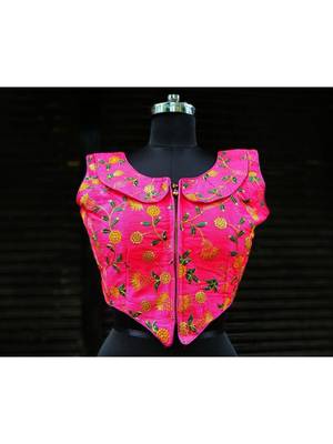 Raw Silk Base Pink Color Embroidered Work Sleeveless Traditional Blouse With Zip At The Front Side 1
