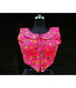 Raw Silk Base Pink Color Embroidered Work Sleeveless Traditional Blouse With Zip At The Front Side