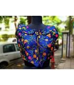 Raw Silk Base Blue Color Embroidered Work Sleeveless Traditional Blouse With Zip At The Front Side