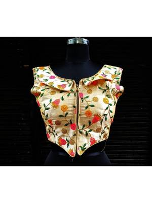 Raw Silk Base Cream Color Embroidered Work Sleeveless Traditional Blouse With Zip At The Front Side 1