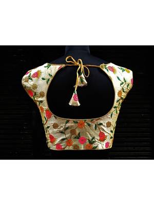 Raw Silk Base Cream Color Embroidered Work Sleeveless Traditional Blouse With Zip At The Front Side 2