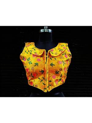 Raw Silk Base Yellow Color Embroidered Work Sleeveless Traditional Blouse With Zip At The Front Side 1
