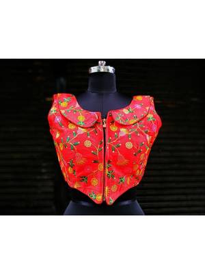 Raw Silk Base Red Color Embroidered Work Sleeveless Traditional Blouse With Zip At The Front Side 1