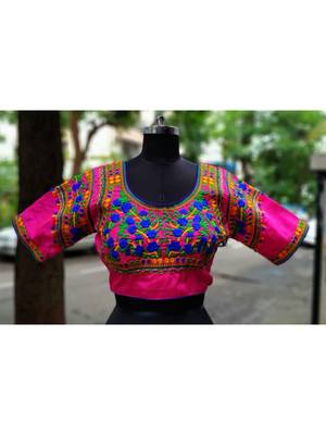 Pink Coloured Based Colourful Embroidery Worked Designer Cotton Blouse 1