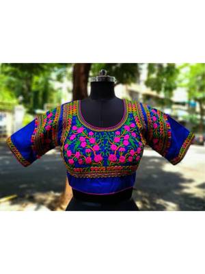Blue Coloured Based Colourful Embroidery Worked Designer Cotton Blouse 1