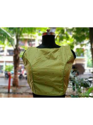 Light Green Colored Bamboo SIlk Zari Fabric With Golden Colored Worked Ethnic Style Sleeveless Blouse 1