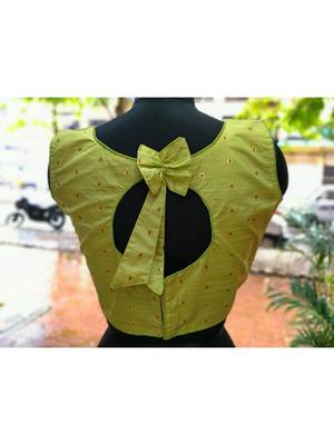 Light Green Colored Bamboo SIlk Zari Fabric With Golden Colored Worked Ethnic Style Sleeveless Blouse 2