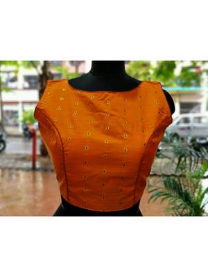 Orange Colored Bamboo SIlk Zari Fabric With Golden Colored Worked Ethnic Style Sleeveless Blouse 1