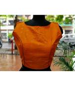 Orange Colored Bamboo SIlk Zari Fabric With Golden Colored Worked Ethnic Style Sleeveless Blouse