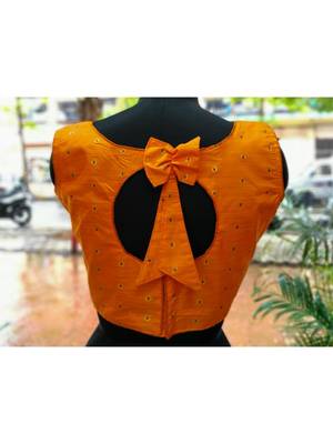 Orange Colored Bamboo SIlk Zari Fabric With Golden Colored Worked Ethnic Style Sleeveless Blouse 2