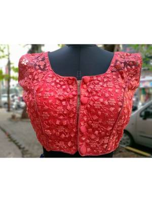 Peach Colored Mono Net Fabric With Embroidered Worked Ethnic Style Sleeveless Blouse 1