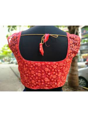 Peach Colored Mono Net Fabric With Embroidered Worked Ethnic Style Sleeveless Blouse 2