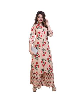 Pink Floral Peach Printed Cotton Kurta & Palazzo set for Women 1