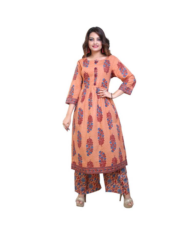 Women White & Orange Printed Cotton Kurta Set