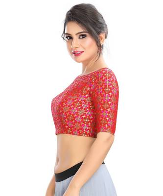 Women's Red Jacquard Readymade Padded Saree Blouse 3