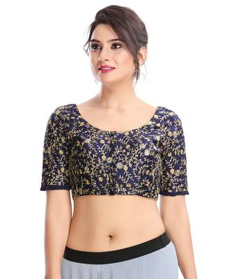 Women's Navy Blue Dupion Silk Readymade Padded Saree Blouse 1