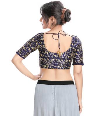 Women's Navy Blue Dupion Silk Readymade Padded Saree Blouse 2